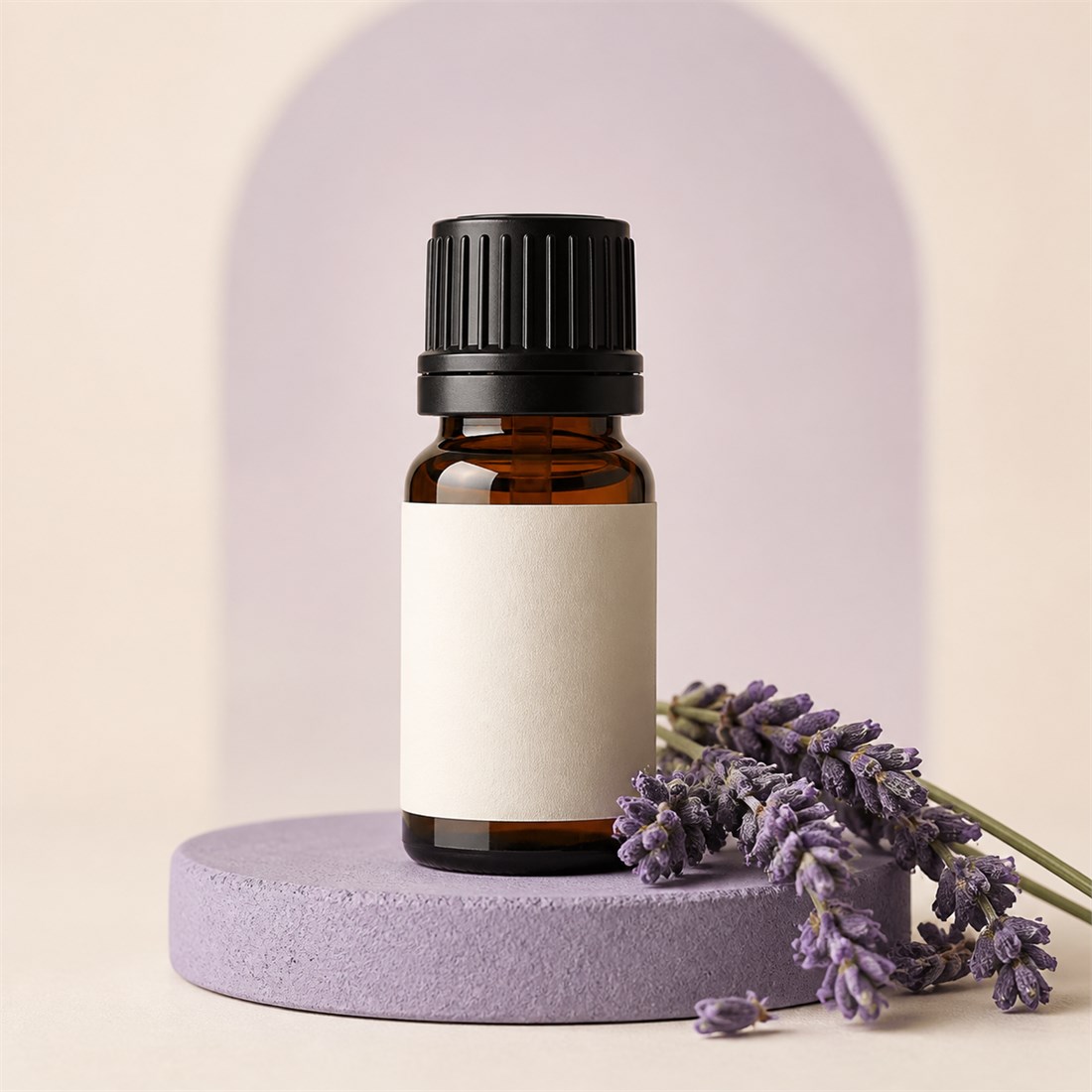 Lavender essential oil bottle on a lilac podium