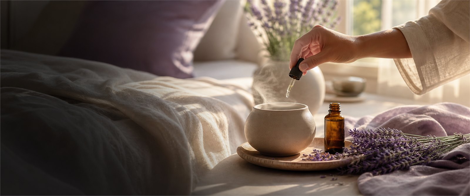 Hands adding lavender essential oil to a diffuser beside lavender flowers